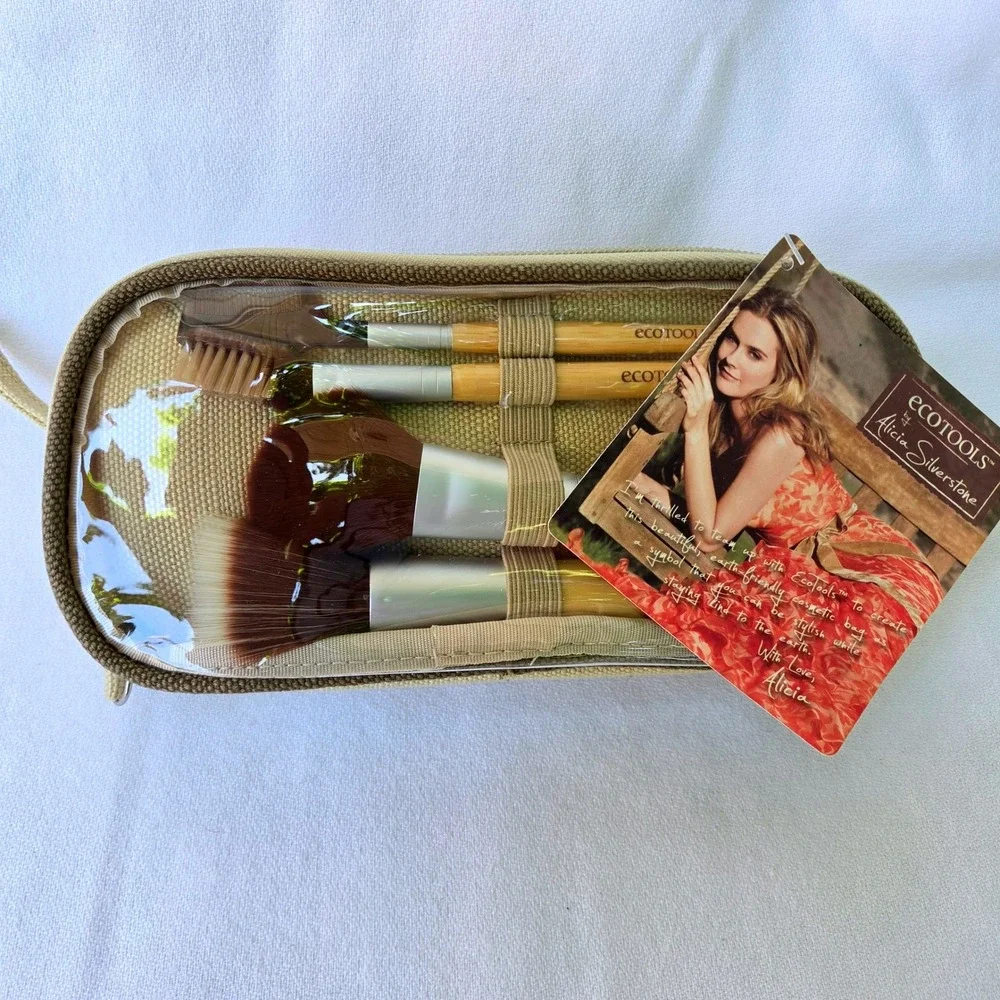 EcoTools Makeup Brush Set Tan New Alicia Silverstone 5pc Cosmetic Bag